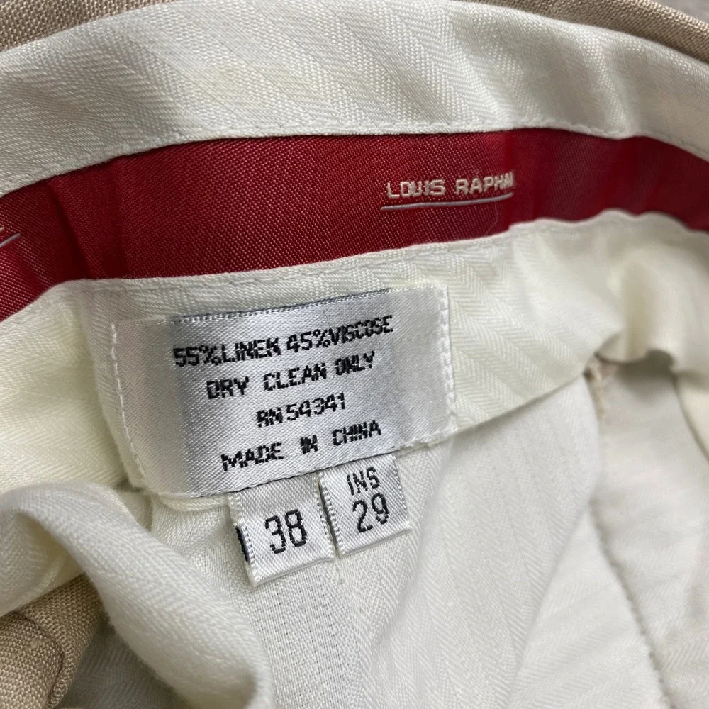 Louis Raphael  Pants Mens 38 Beige Linen Blend Pleated Cuffed Summer Beach Wide